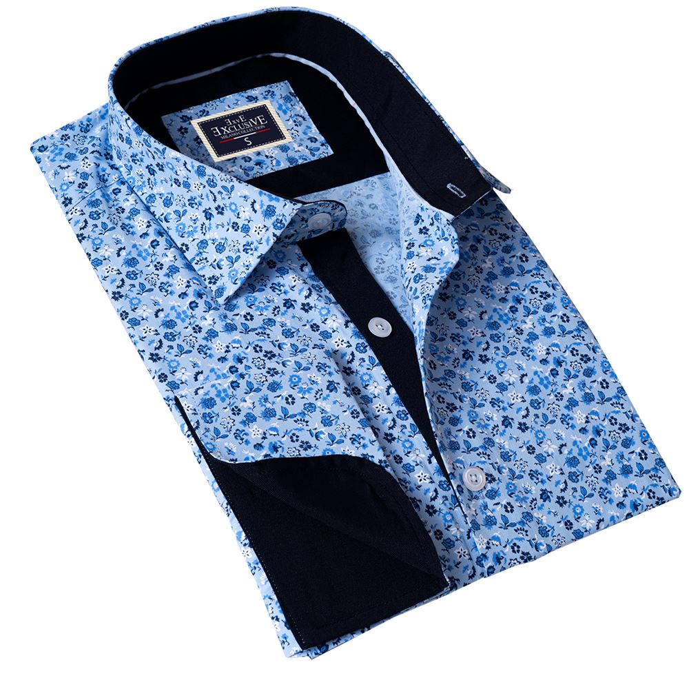 Blue and White Floral French Cuff Shirt