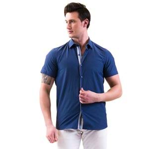 Blue with White Designer Placket Men's Short Sleeves Shirt
