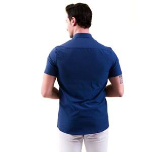 Blue with White Designer Placket Men's Short Sleeves Shirt