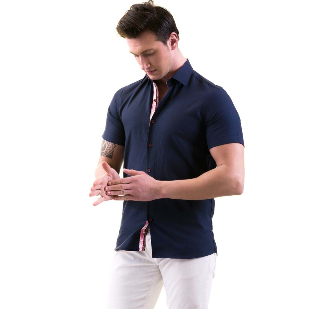 Navy with Red Paisley Placket Men's Short Sleeves Shirt