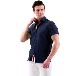 Navy with Red Paisley Placket Men's Short Sleeves Shirt