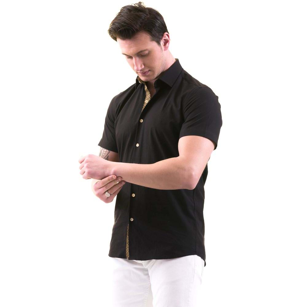 Black with Honeycomb Placket Men's Short Sleeves Shirt
