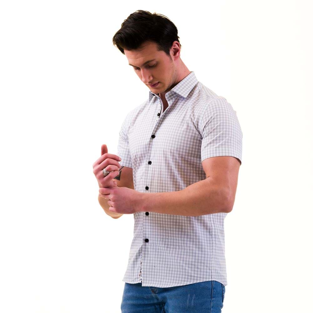 White and Ice Blue Checkered Men's Short Sleeves Shirt