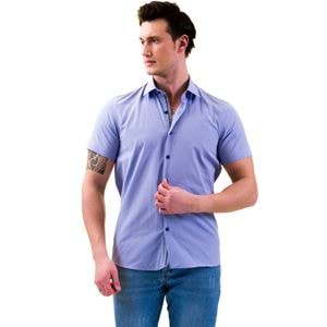 Blue with Squares on Placket Men's Short Sleeves Shirt