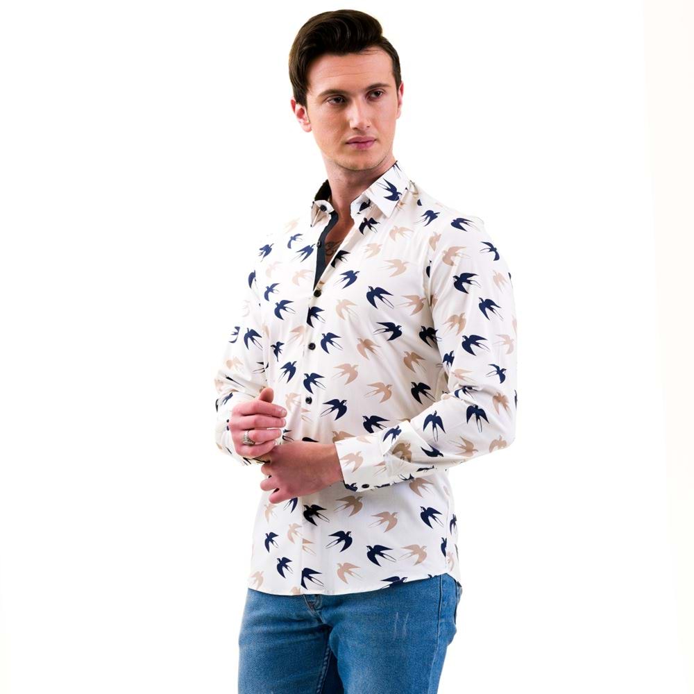 Navy and Beige Seagull Printed Men's Shirt