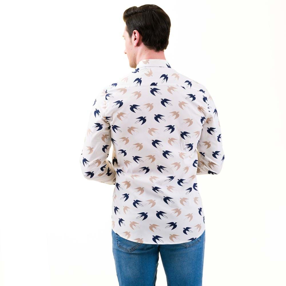 Navy and Beige Seagull Printed Men's Shirt