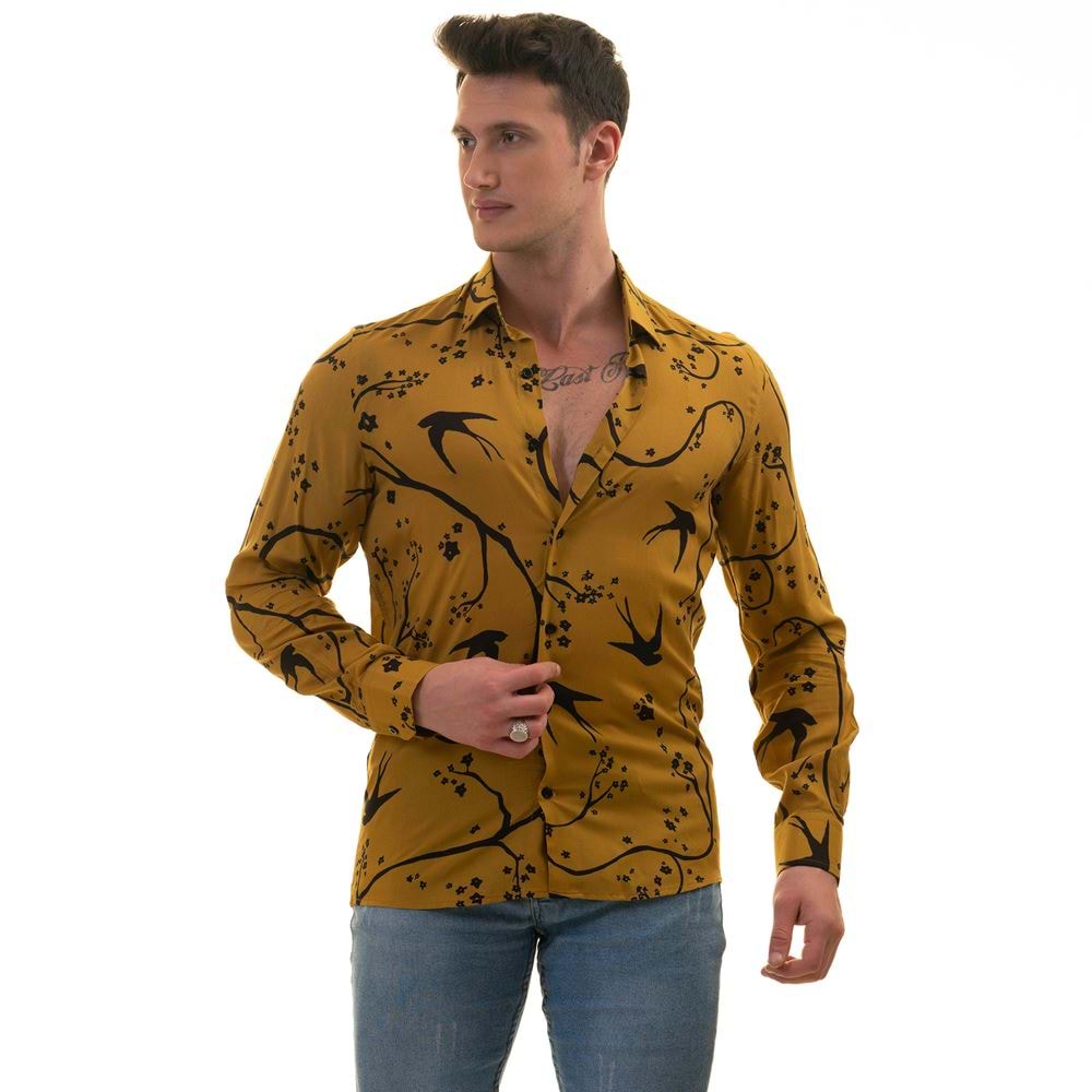 Mustard & Black Printed Designer Men's Shirt