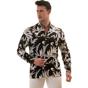 Black White Leaves Printed Style Men's Shirt