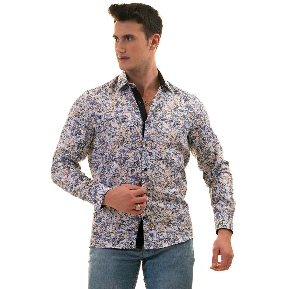 Blue White Leaves Printed Style Men's Shirt