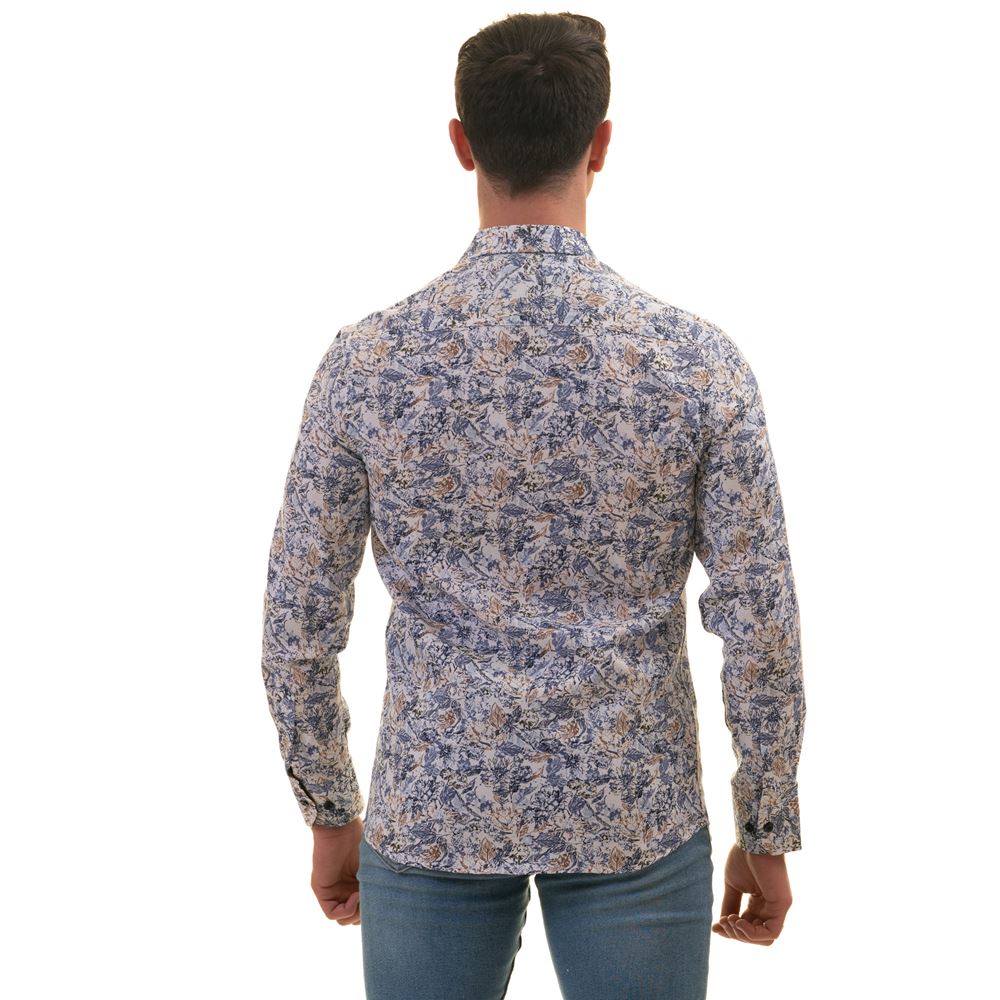 Blue White Leaves Printed Style Men's Shirt