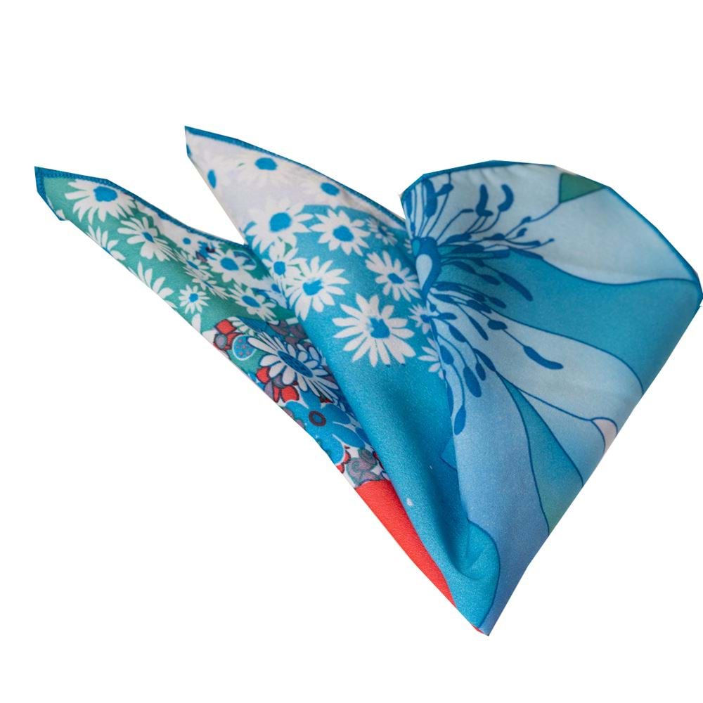 White Green Lily Flower Printed Handkerchief on Blue