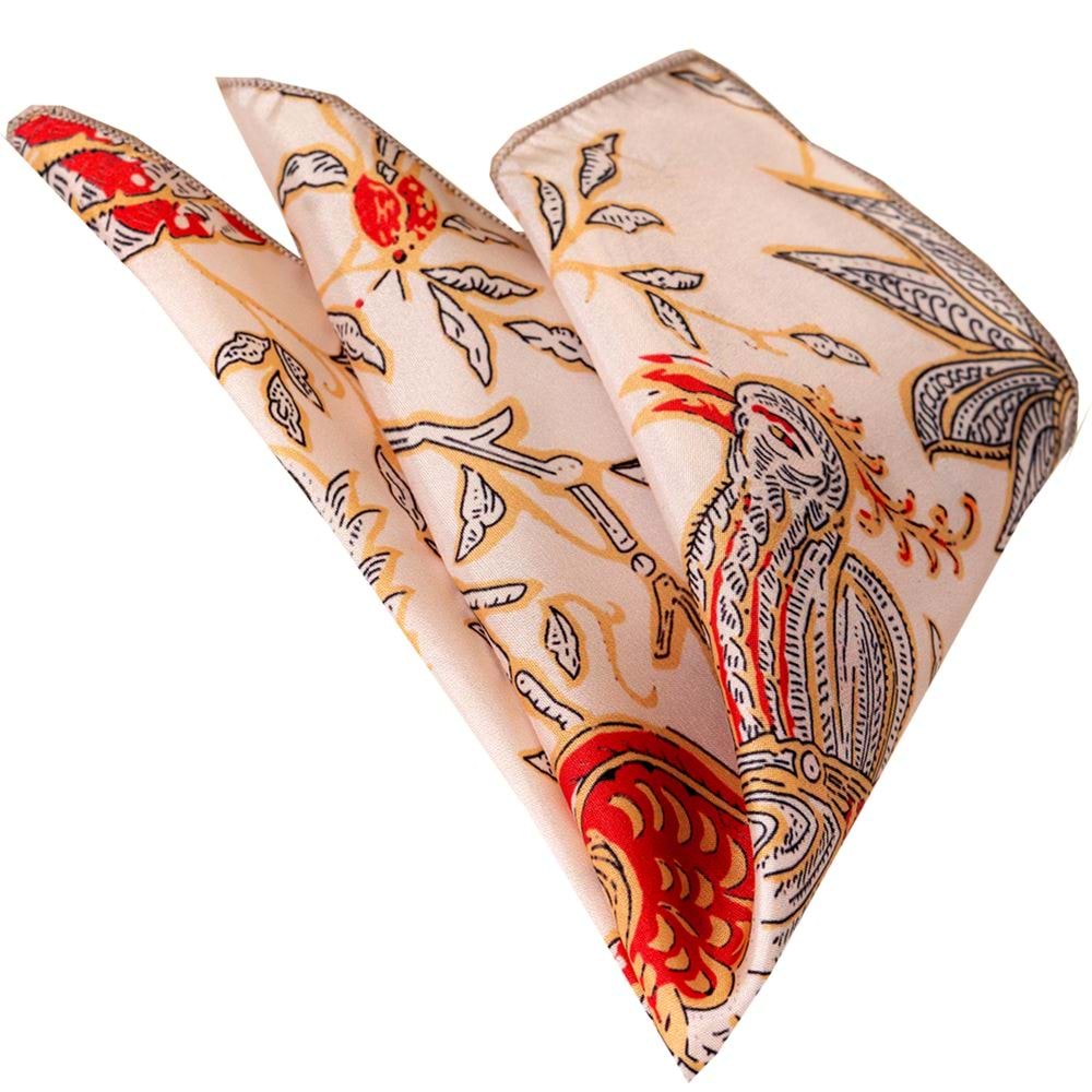 Cream Gold Red Bird and Flower Printed Satin Handkerchief