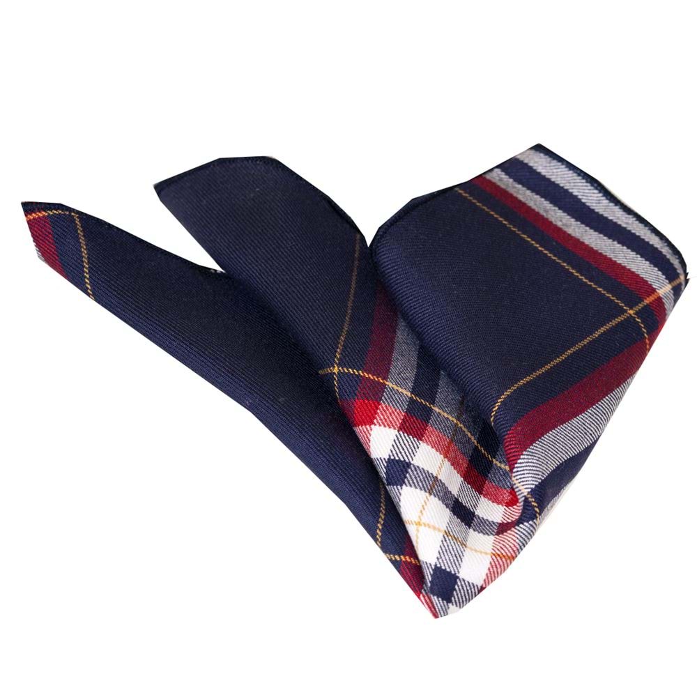 Red Gold Plaid Checked Cotton Handkerchief on Navy Blue