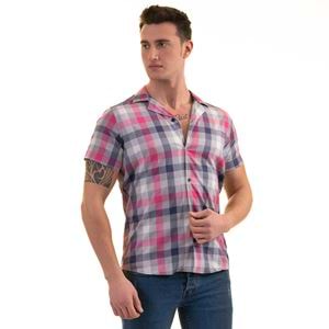 Gray Pink Navy Plaid Men's Short Sleeves Shirt