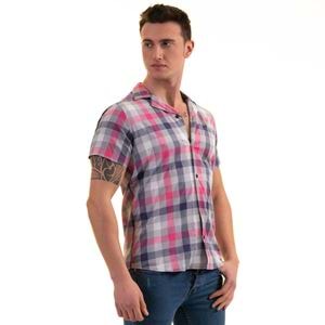 Gray Pink Navy Plaid Men's Short Sleeves Shirt
