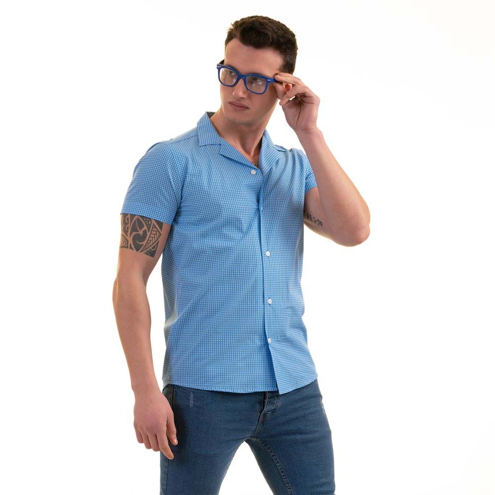 Blue White Polka Dot Men's Short Sleeves Shirt