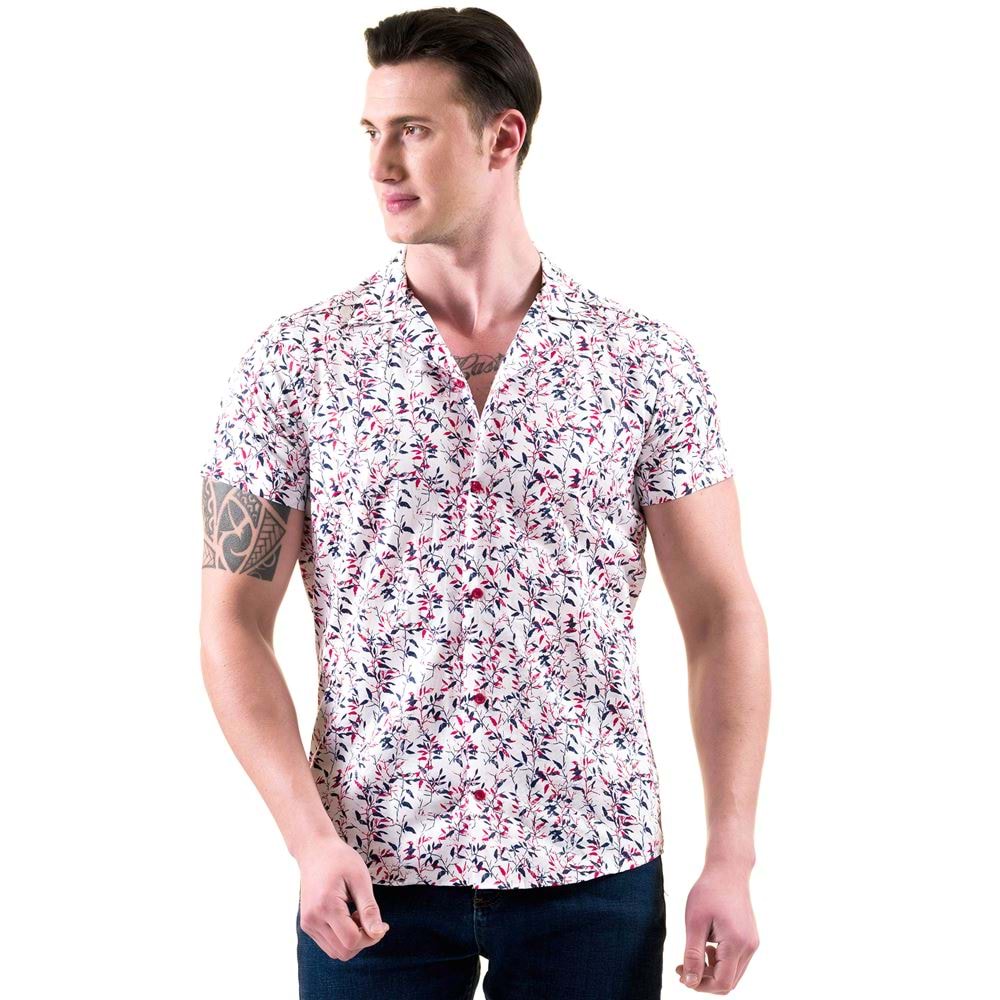 Red and Blue Floral Men's Camp Collar Short Sleeves Shirt