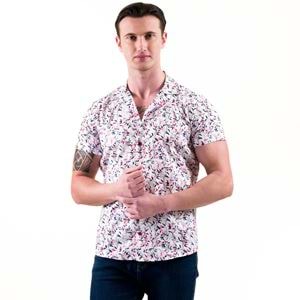Red and Blue Floral Men's Camp Collar Short Sleeves Shirt