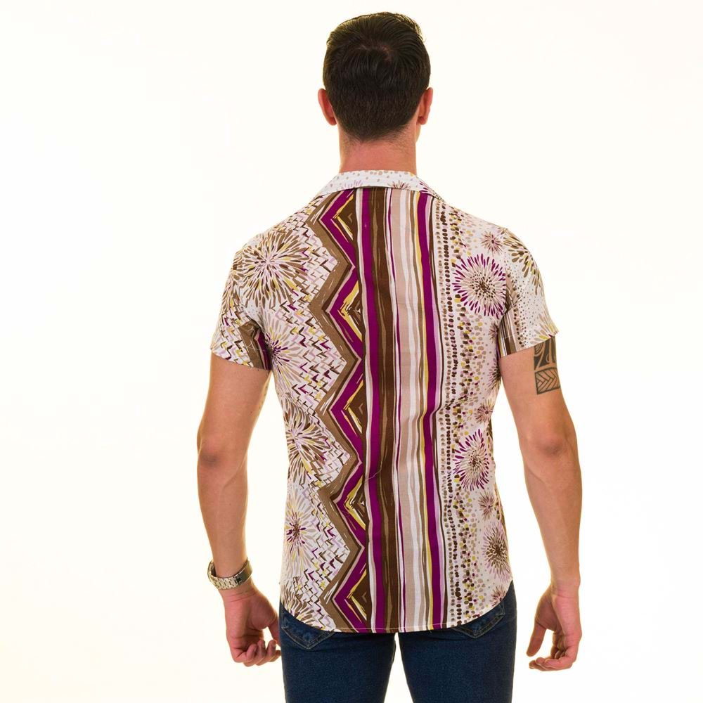 Beige with Purple Designer Made Vual Cotton Men's Camp Collar Short Sleeves Shirt