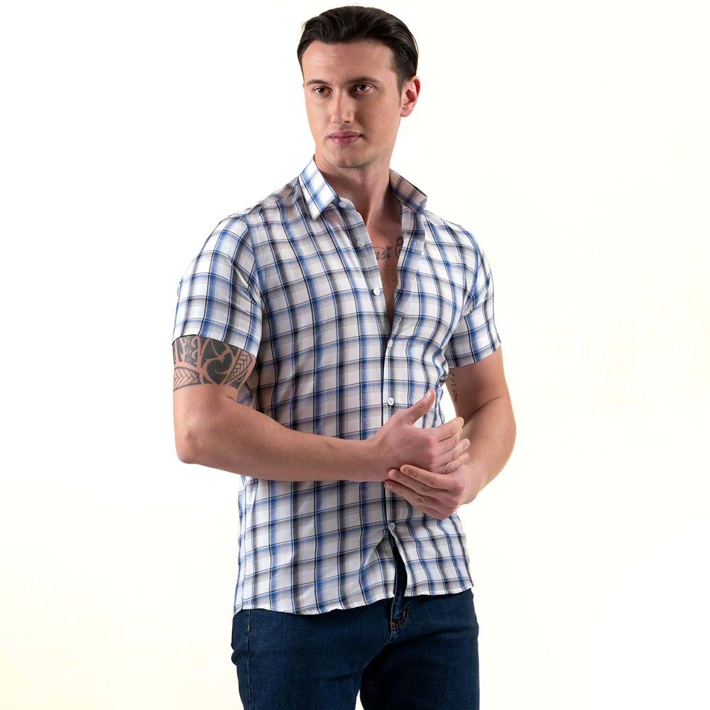 BlueWhite Plaid Summer Men's Short Sleeves Shirt