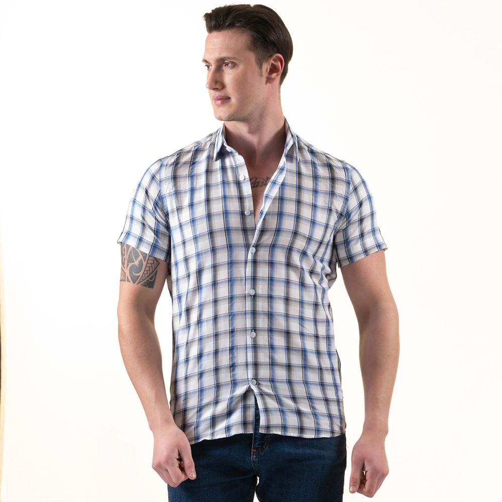 BlueWhite Plaid Summer Men's Short Sleeves Shirt