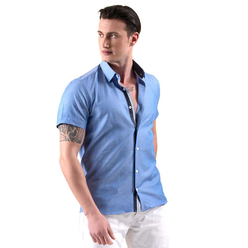 Blue Oxford Cotton with Contrast Placket Men's Short Sleeves Shirt