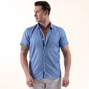 Blue Oxford Cotton with Contrast Placket Men's Short Sleeves Shirt
