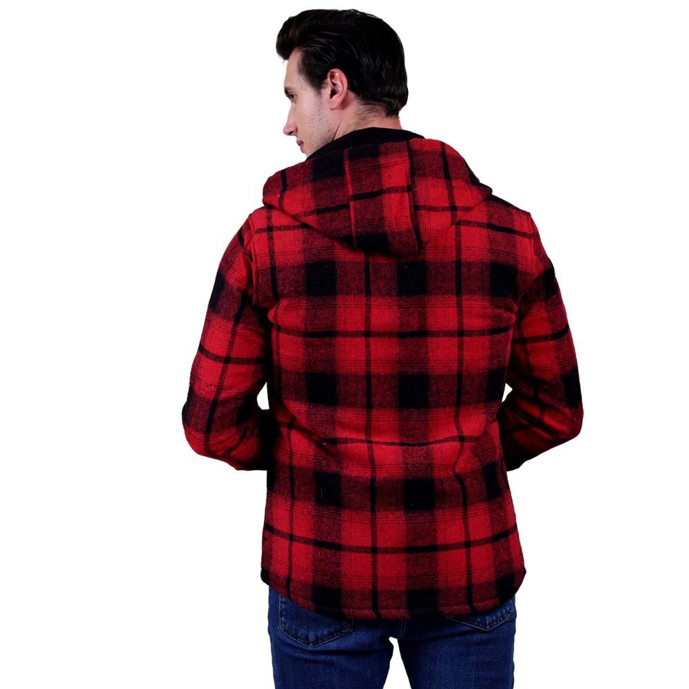 Red Black Plaid Men's Fur Lined Jacket Shirt