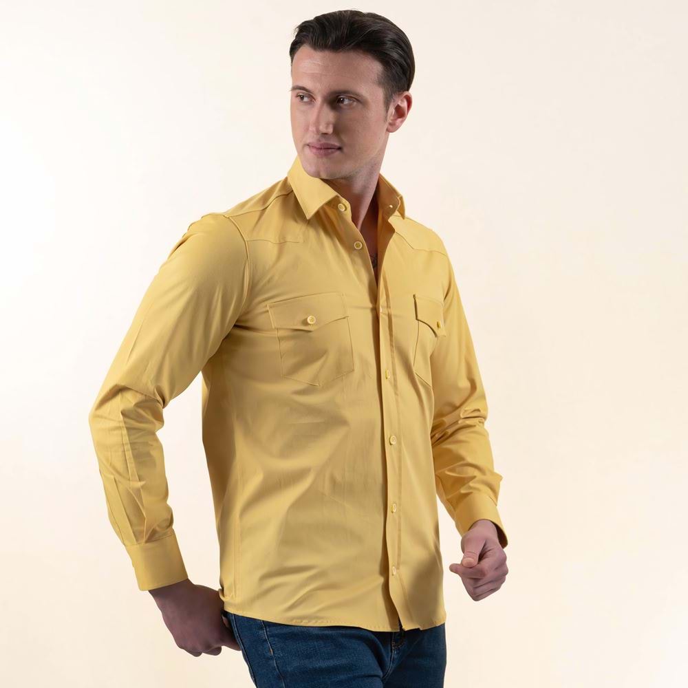 Yellow Cotton Lycra Western Men's Shirt