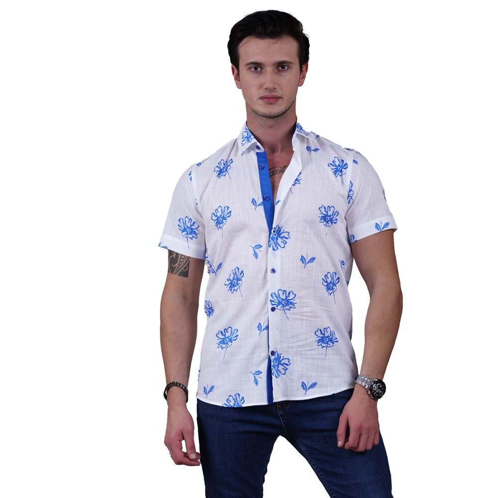 Blue Floral Printed on White Soft Washed Cotton Men's Short Sleeves Shirt