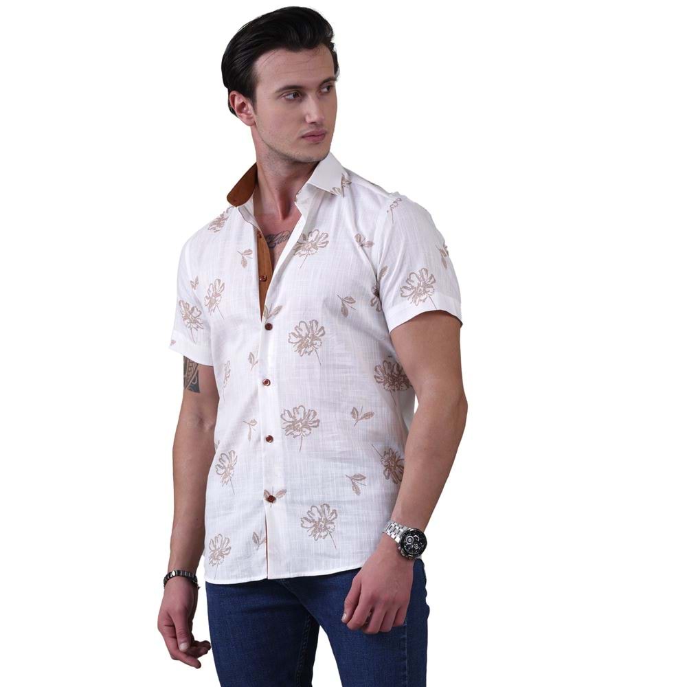 Cappucino Floral Printed on White Soft Washed Cotton Men's Short Sleeves Shirt