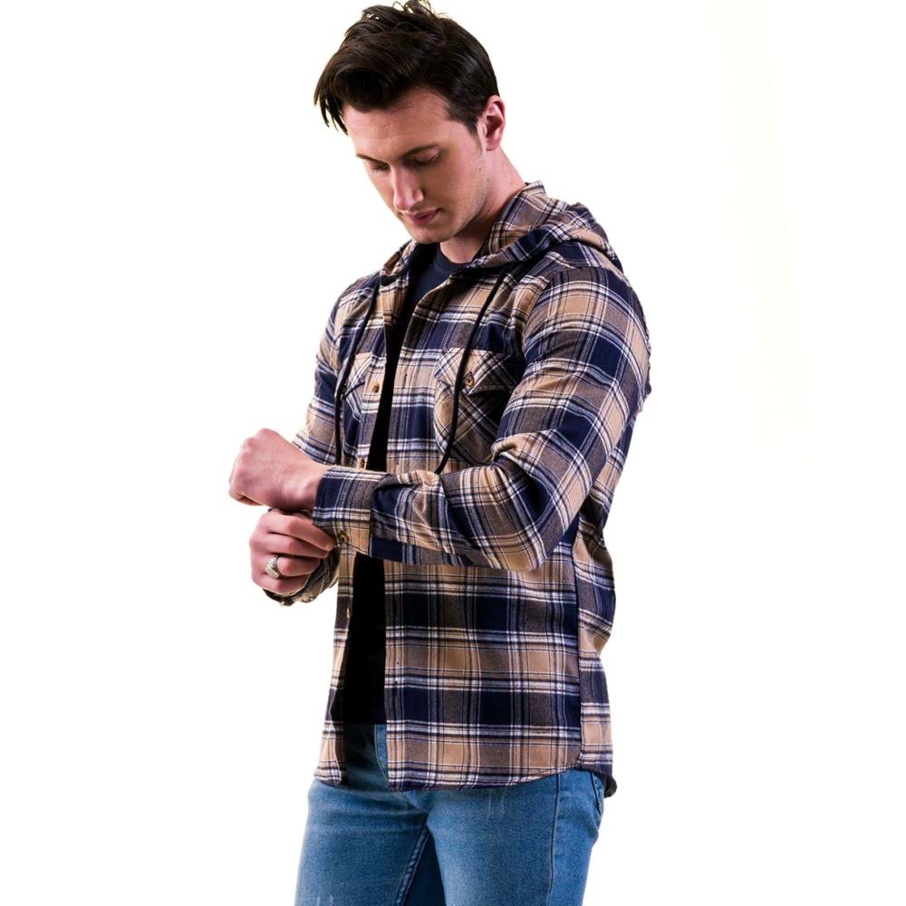 Golden and Blue Plaid Double Pockets Wool Men's Hooded Shirt