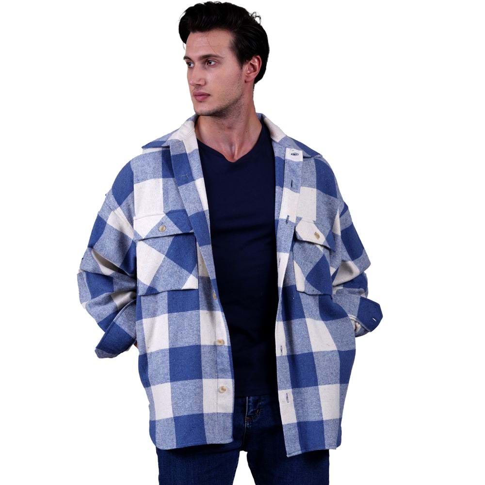 Sky Blue and Beige Gingham Checkered Over Size Lumberjack Shirt