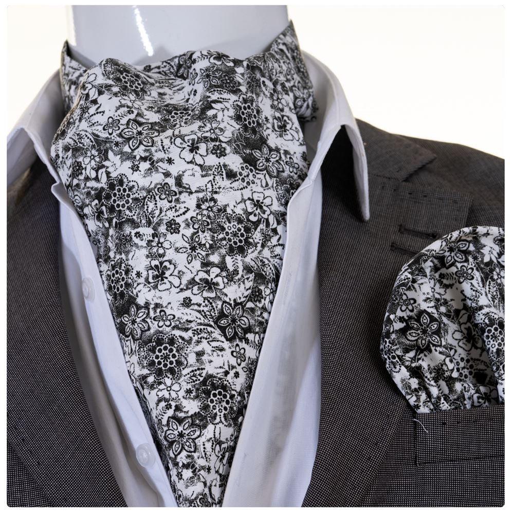 Black with White Floral Ascot Hanky Set