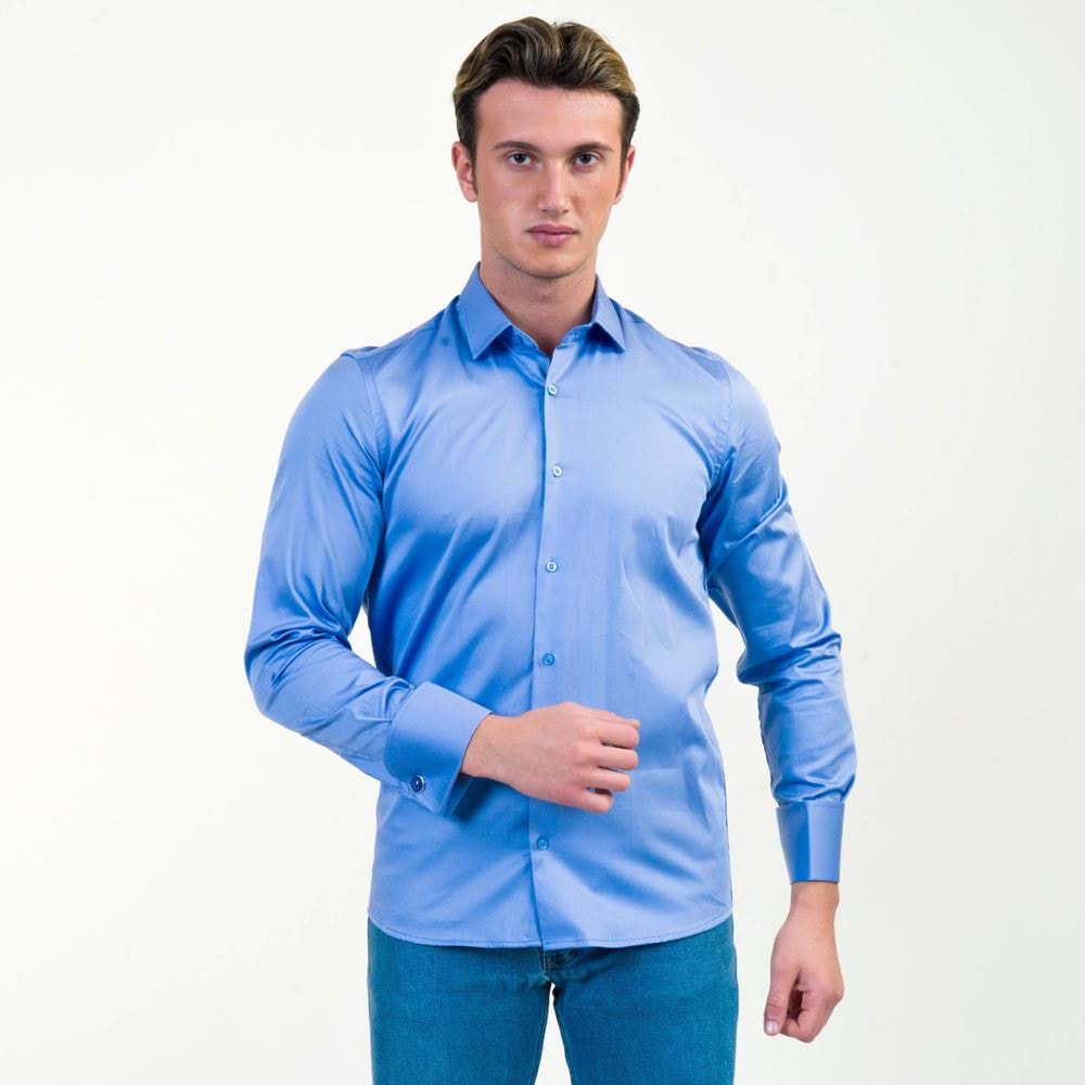 Blue Formal 100% Compact Satin Cotton French Cuff Shirt