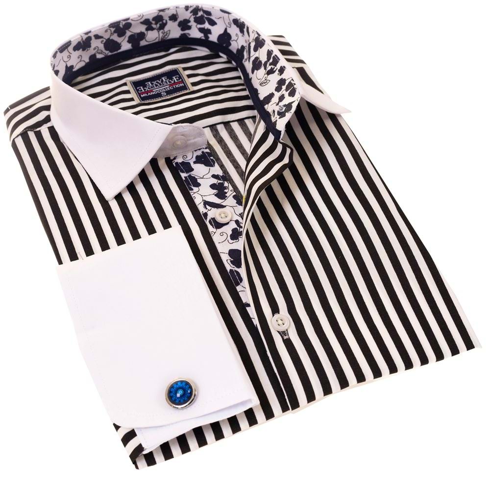 Black White Striped Contrast Placket French Cuff Shirt
