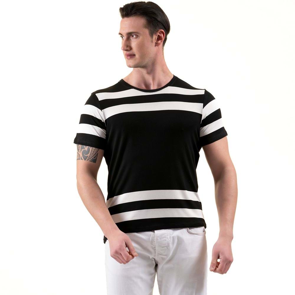 Black White Striped Cotton Viscose Tee O Neck T-Shirt