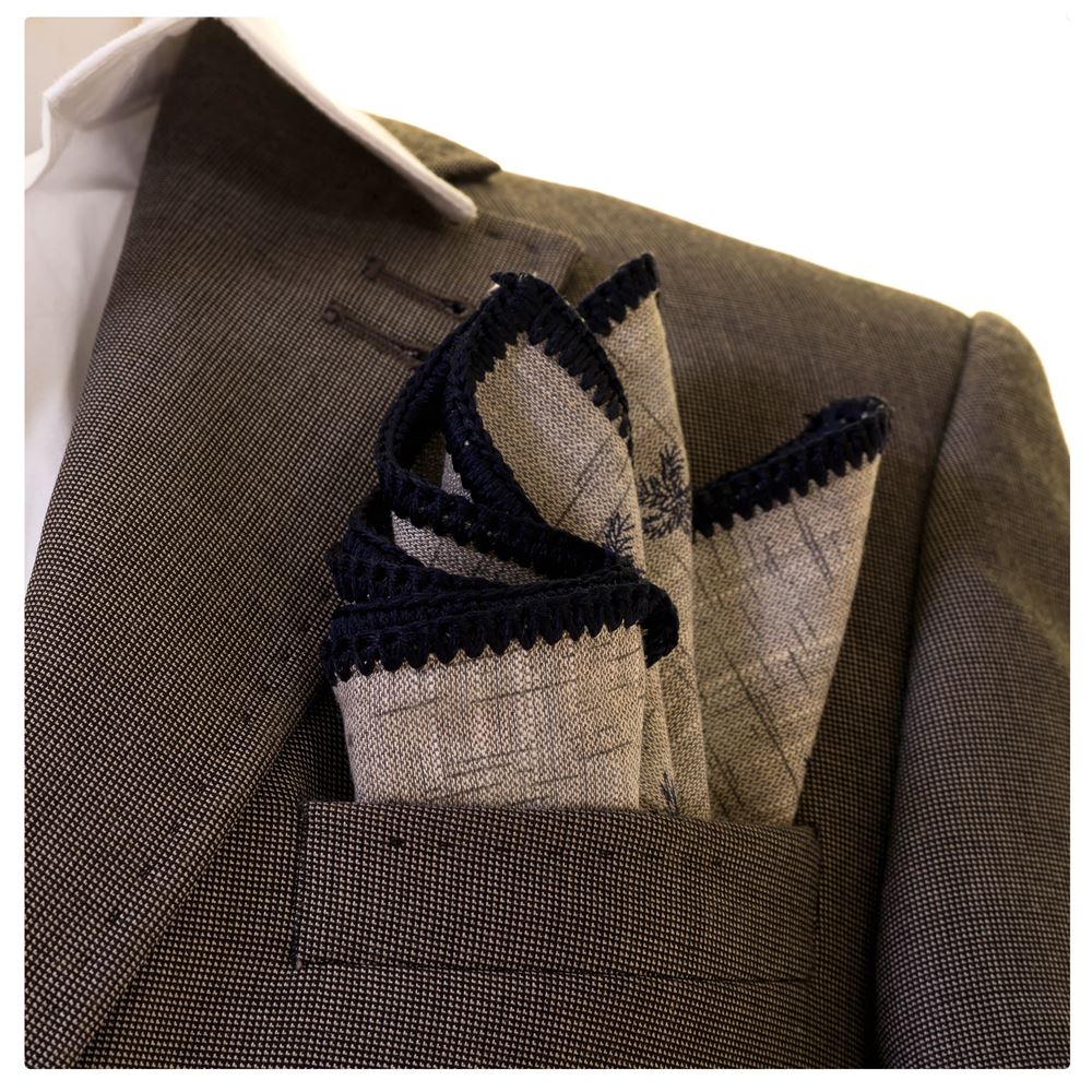 Gray Pure Linen with Navy Signature Border Pocket Square
