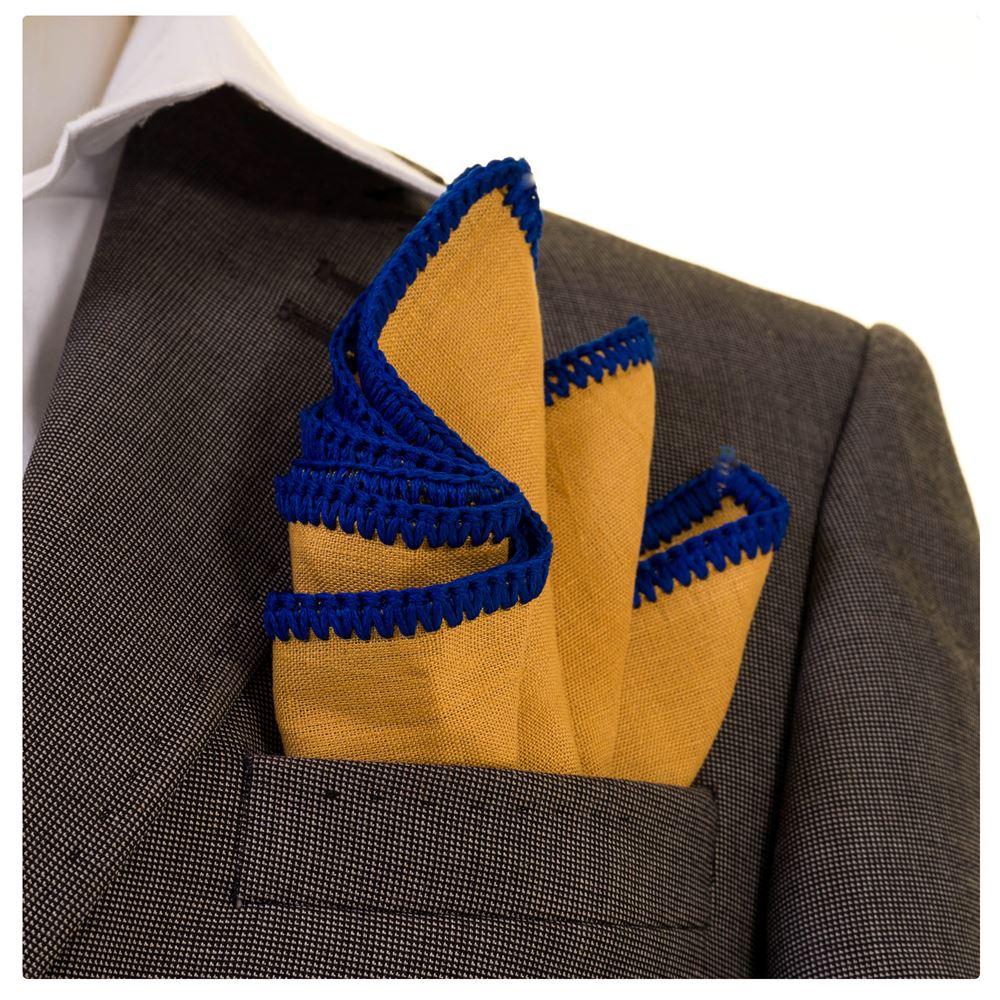 Mustard Pure Linen with Navy Signature Border Pocket Square