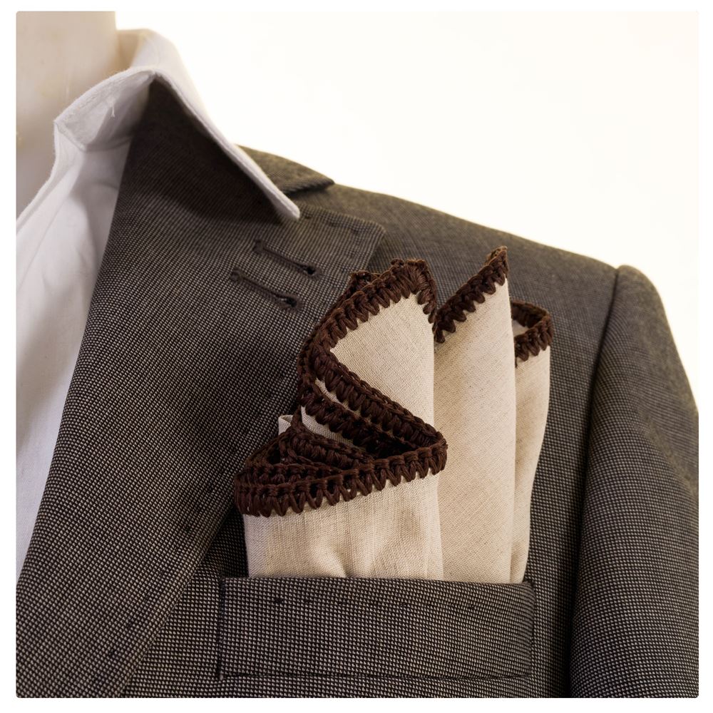 Beige Linen with Handcrafted Knit Signature Border Pocket Square