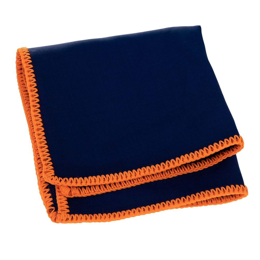 Navy Pure Linen with Orange Signature Border Pocket Square