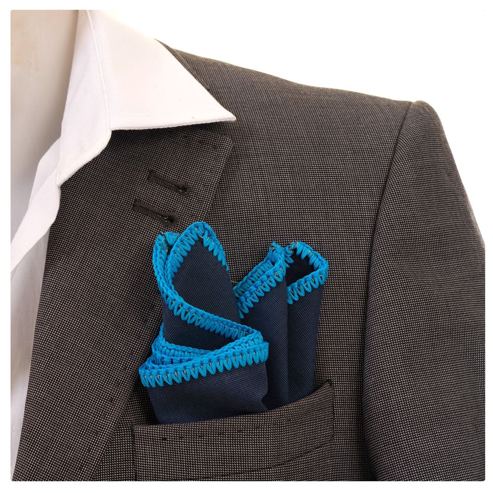 Navy Organic Linen with Handmade Knit Signature Border Pocket Square