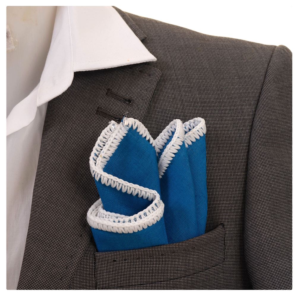 Blue Organic Linen with Handmade Knit Signature Border Pocket Square