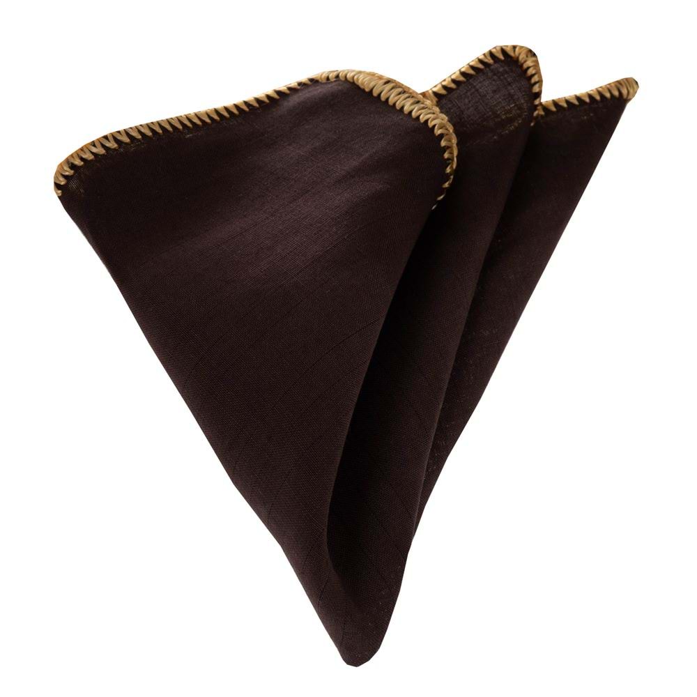 Brown Organic Linen with Handmade Knit Signature Border Pocket Square