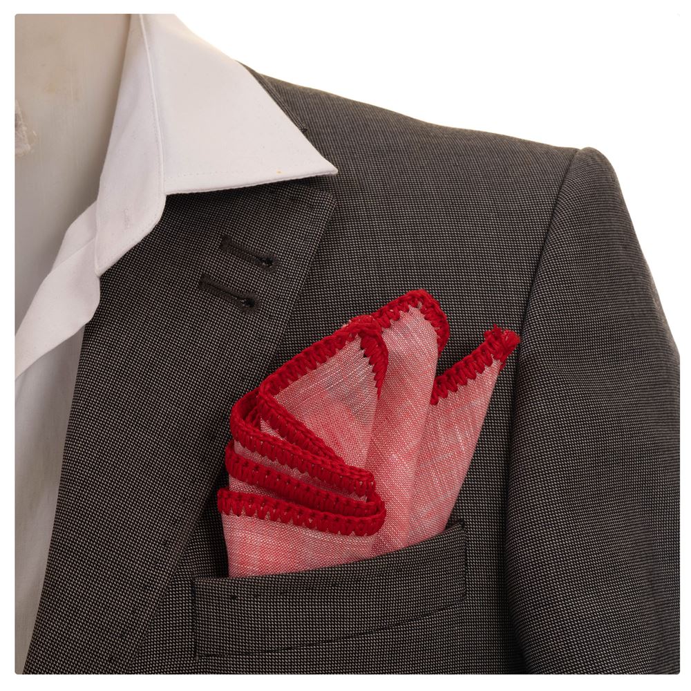 Red Organic Linen with Handmade Knit Signature Border Pocket Square
