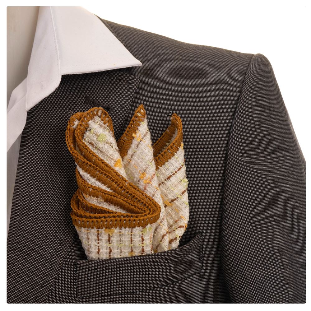 Beige Organic Linen with Handmade Knit Signature Border Pocket Square
