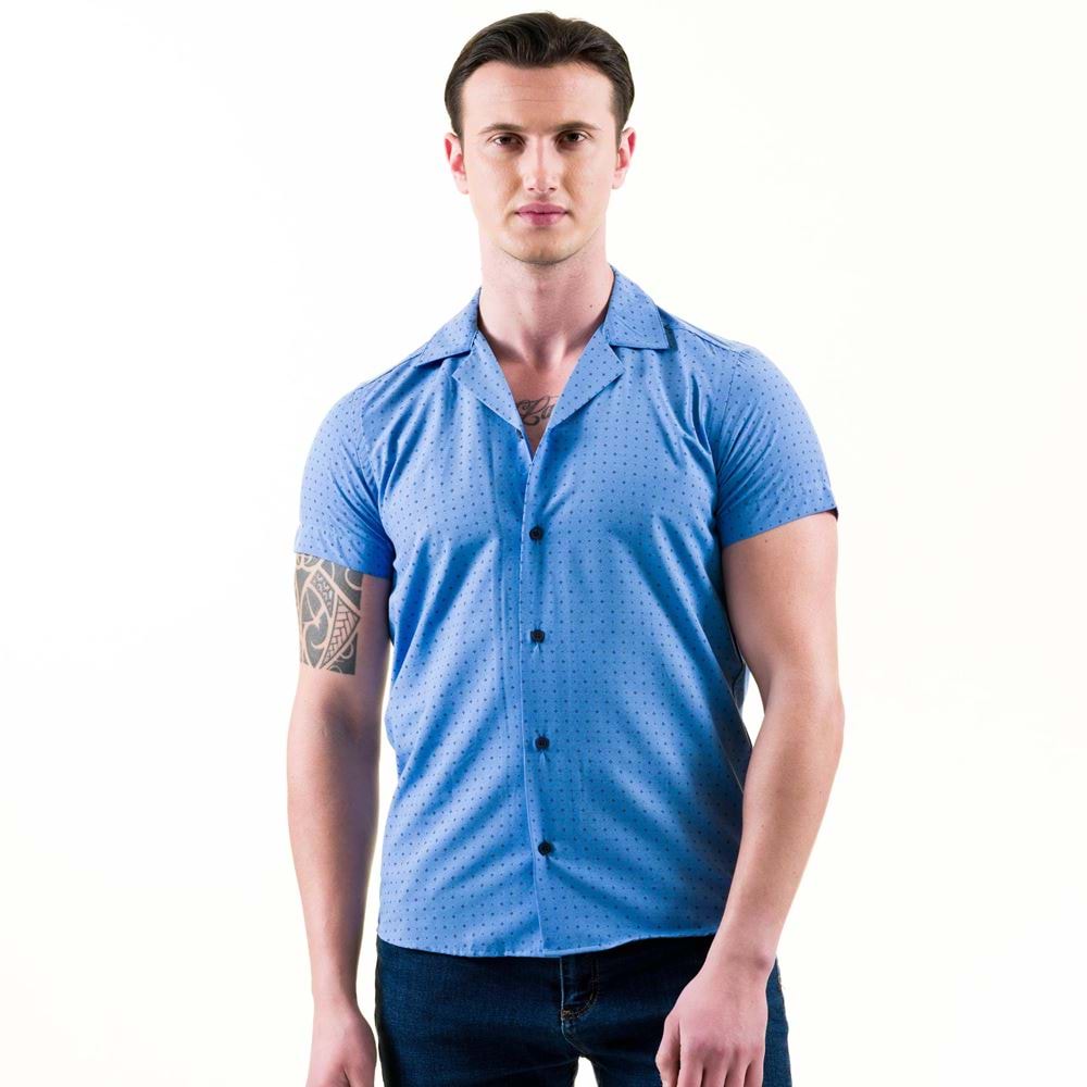 Blue with Navy Geometric Printed Men's Camp Collar Short Sleeves Shirt