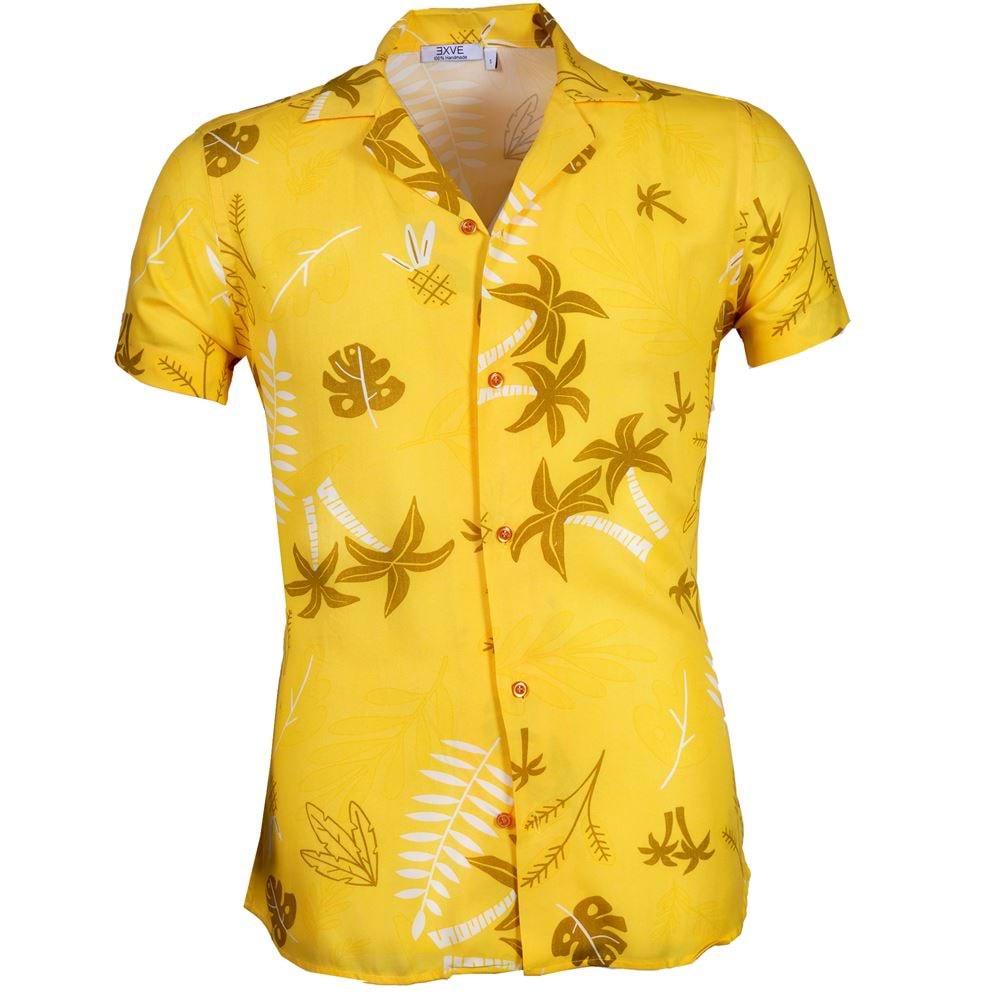 Yellow Nature Printed Men's Camp Collar Vacation Shirt