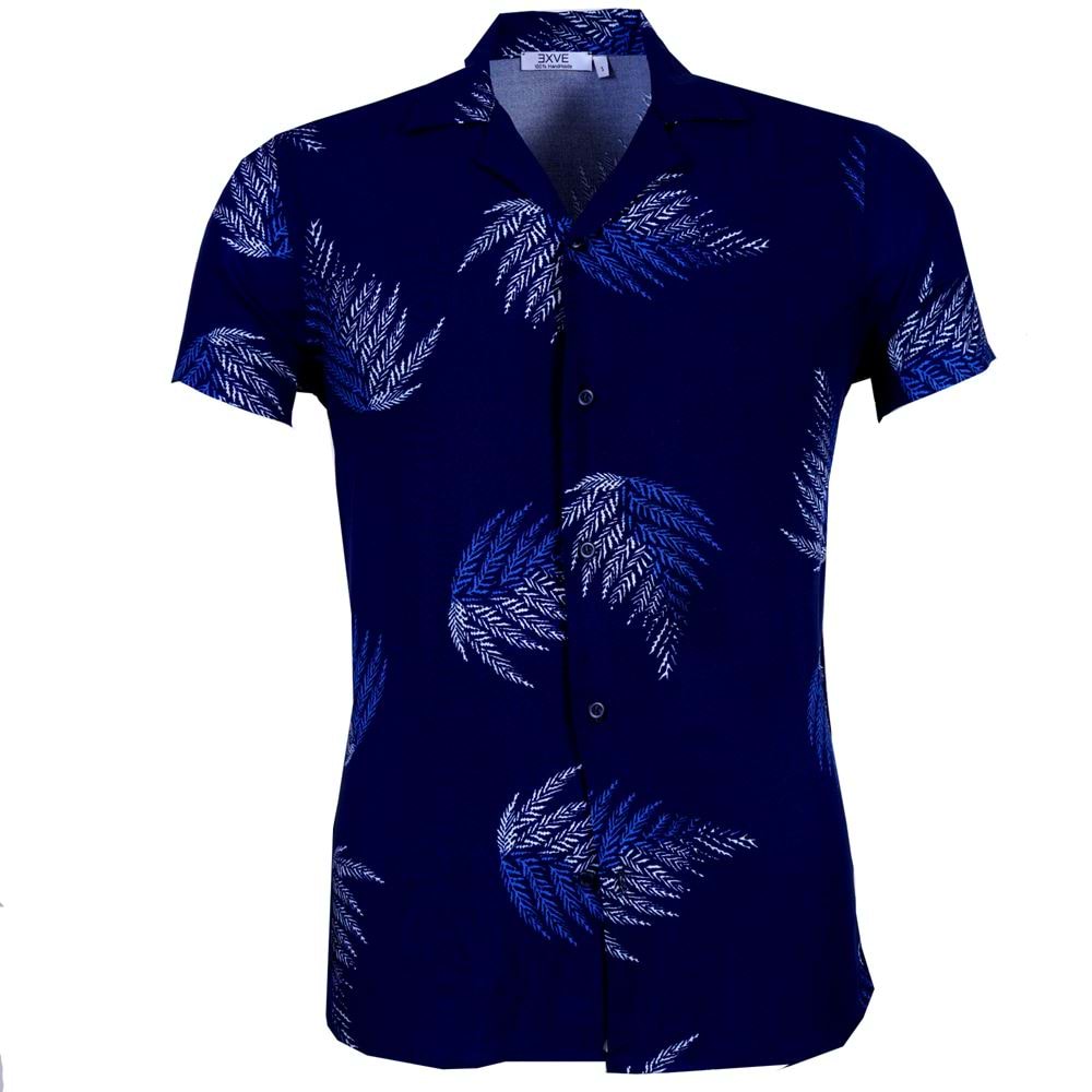 Blue and White Leaves Printed Men's Camp Collar Vacation Shirt