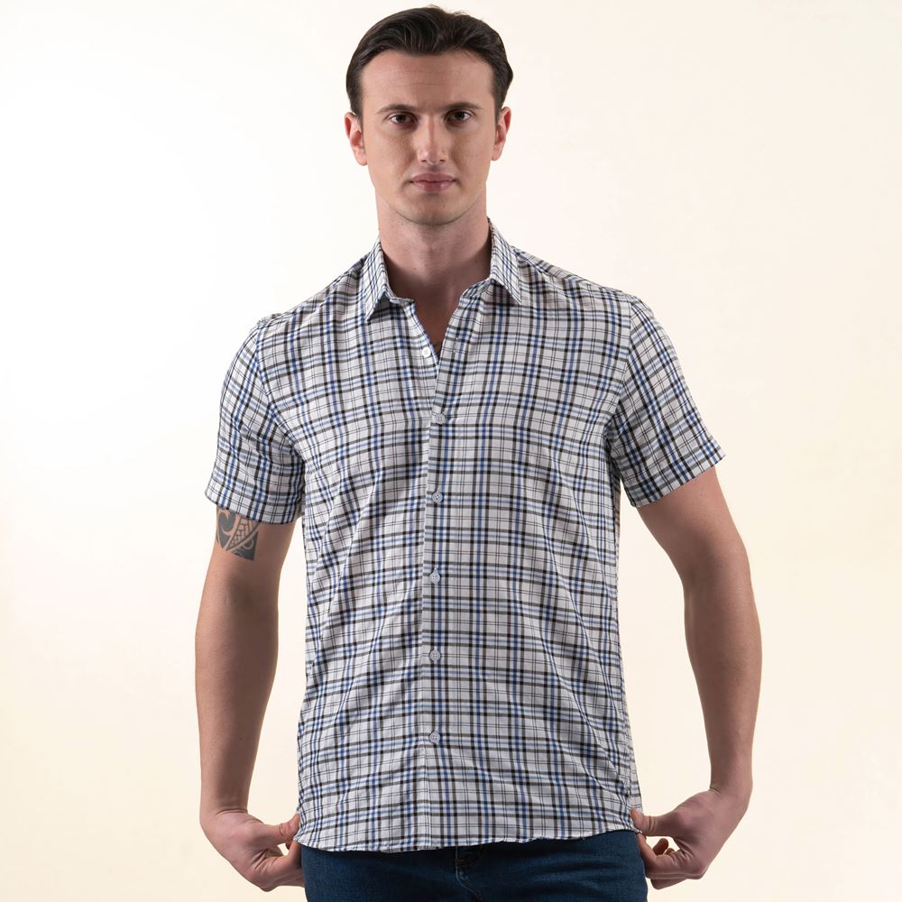Blue and White Plaid Summer Men's Short Sleeves Shirt